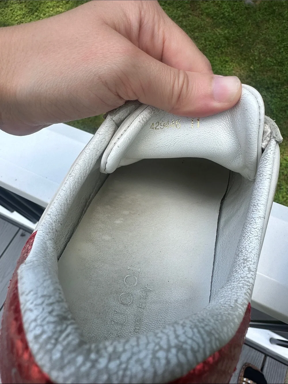 Gucci White Leather Sneakers with Red & Green Stripe and Metallic Heel Accents